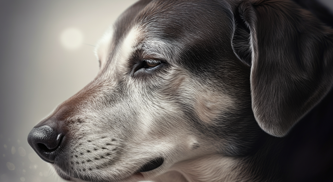 穏やかに目を閉じたシニア犬の横顔のクローズアップ。パステルカラーの優しくミニマルな写真。