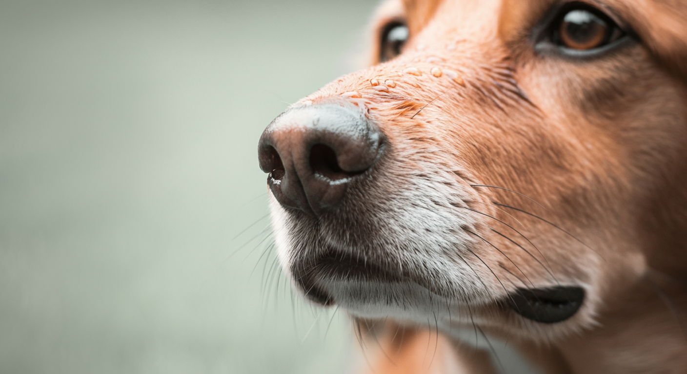暑さと水分補給の必要性を示唆する、一匹の犬の濡れた鼻先のクローズアップ写真。小さな水滴がついている。
