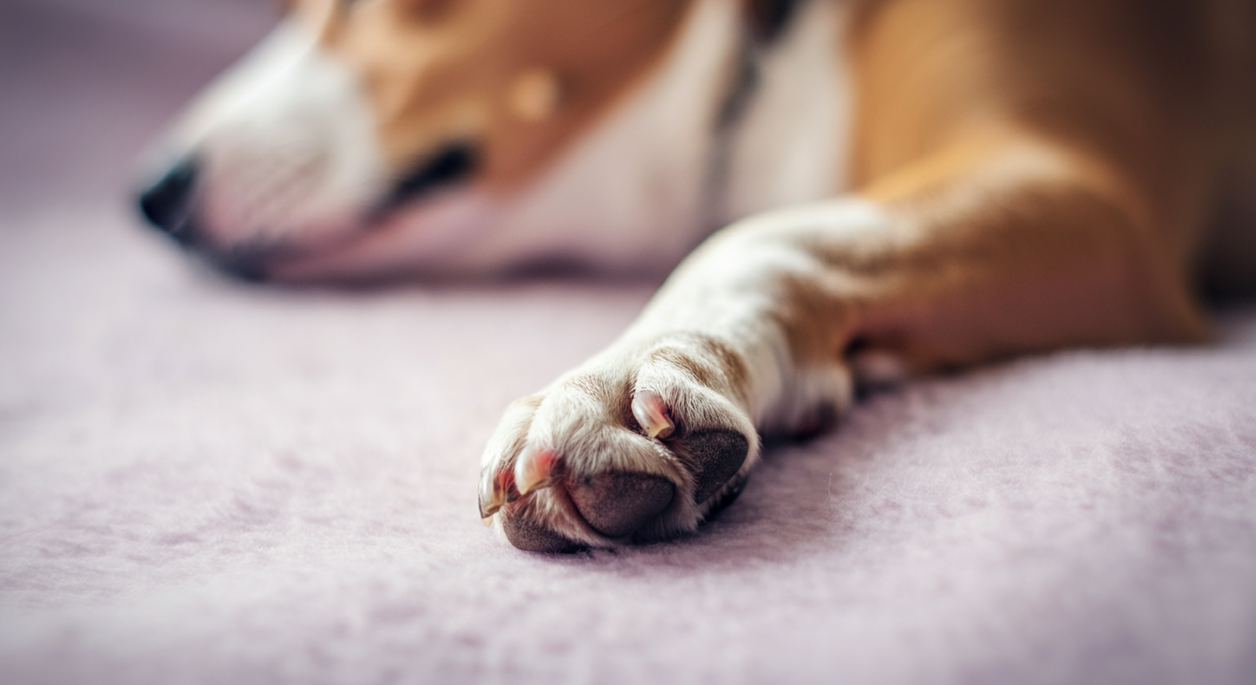 柔らかなブランケットの上に置かれた犬の肉球のクローズアップ。優しく状態を確認している様子。