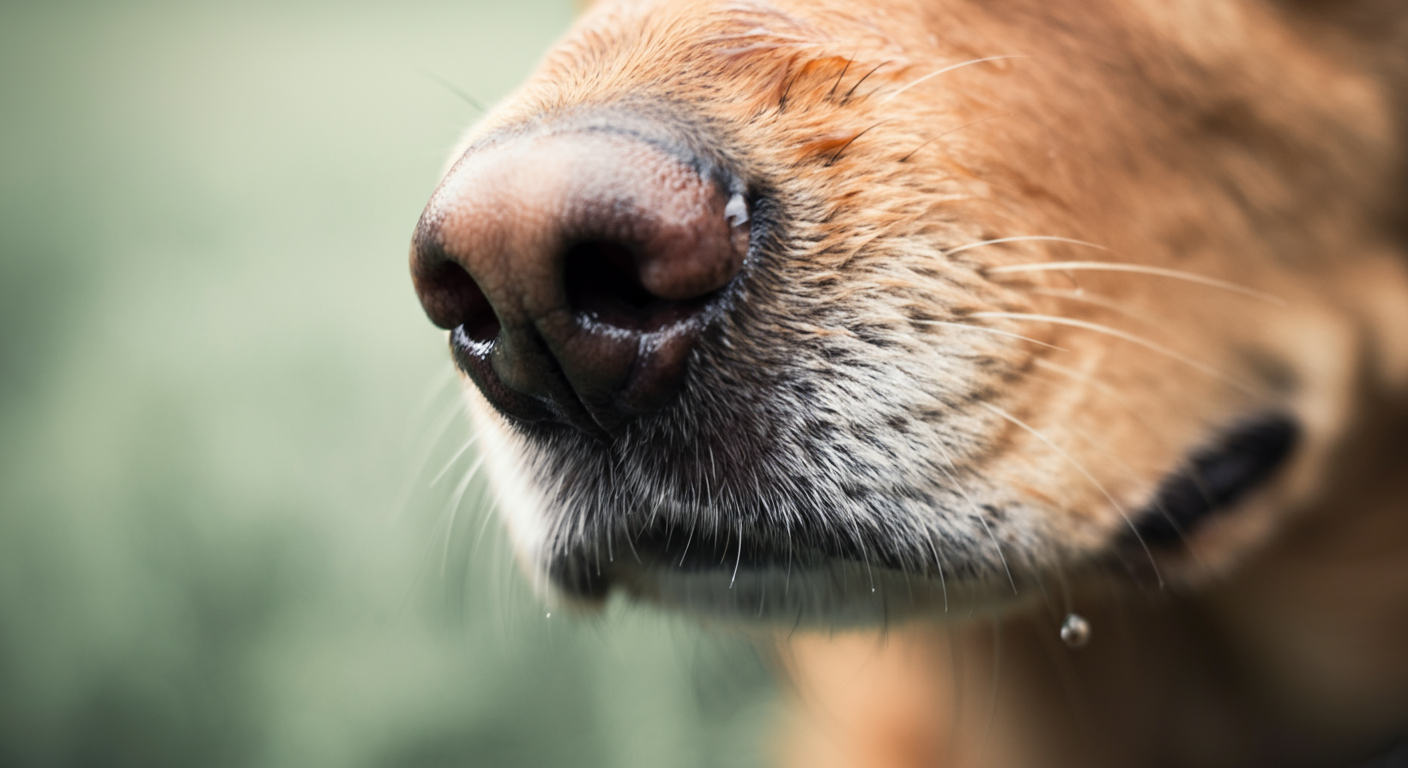 犬の嗅覚の鋭敏さを表現する、濡れた鼻先の超クローズアップ写真。