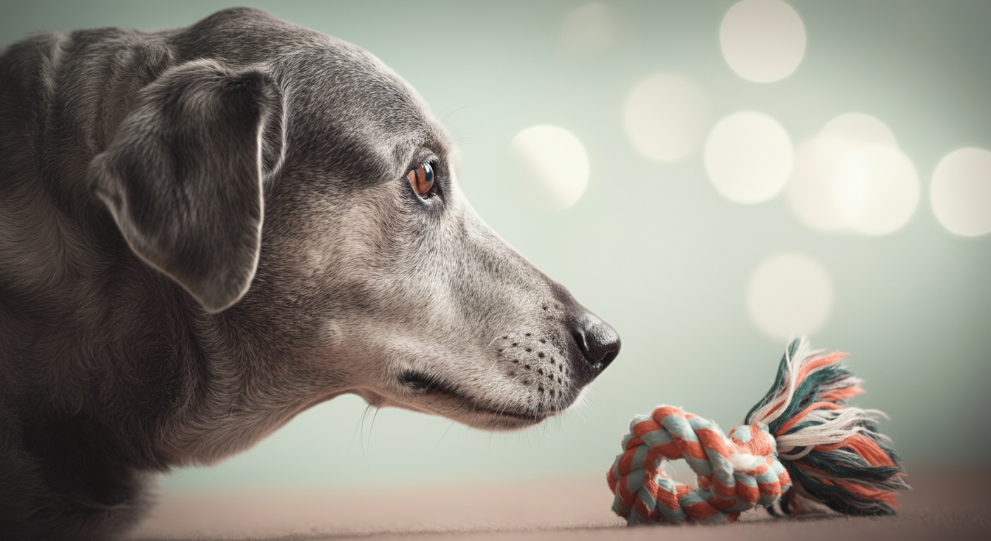 シニア犬がゆっくりとした動きでおもちゃに鼻を近づけている横顔