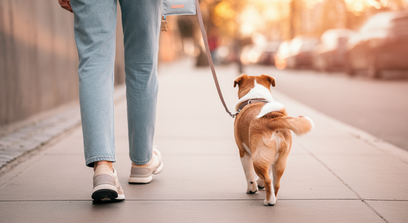 飼い主と犬が軽快に歩いている足元のローアングル写真。飼い主はスマートなトリーツポーチを身につけている。