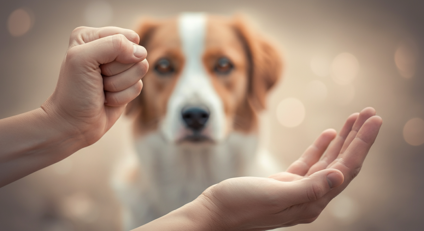 片方をグーにした両手を犬に見せている飼い主の手元
