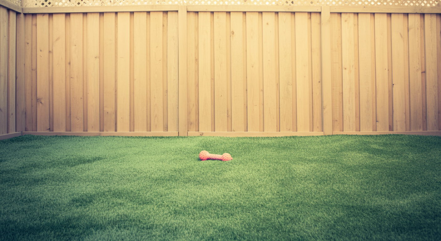 緑の芝生が広がる貸切ドッグランに、ぽつんと一つだけ犬のおもちゃが置かれている、広々として安全な空間を表現した写真。