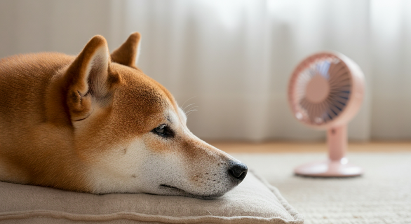 静かなハンディファンの風を受けながら、気持ちよさそうに眠る柴犬。