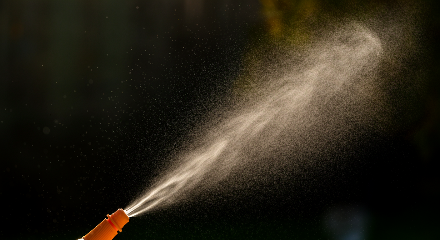 スプレーのノズルから噴射される細かいミストが、光を浴びてキラキラと輝いているマクロ写真。