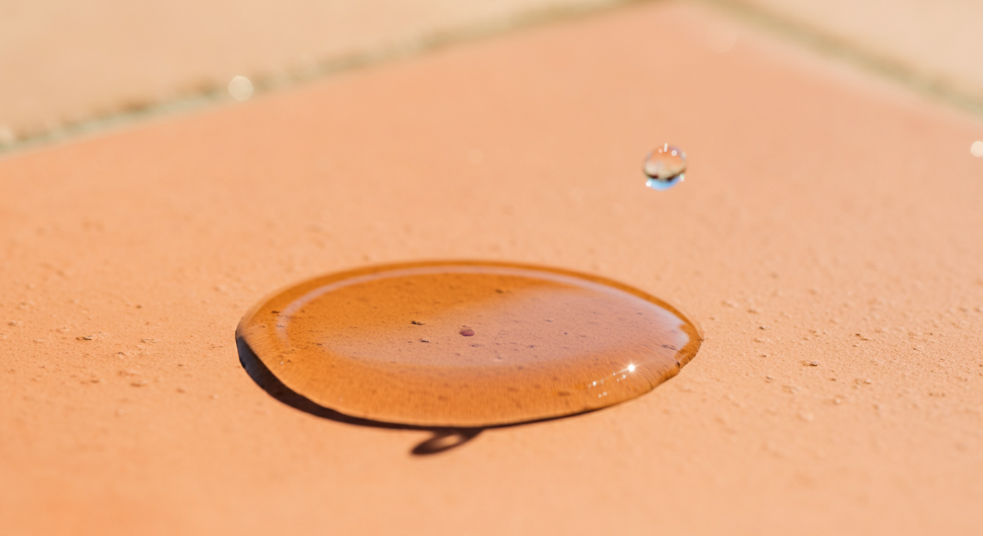太陽が照りつけるテラコッタタイルの上で、一滴の水がすぐに蒸発して乾いた跡を残している。はかない涼しさを表現している。