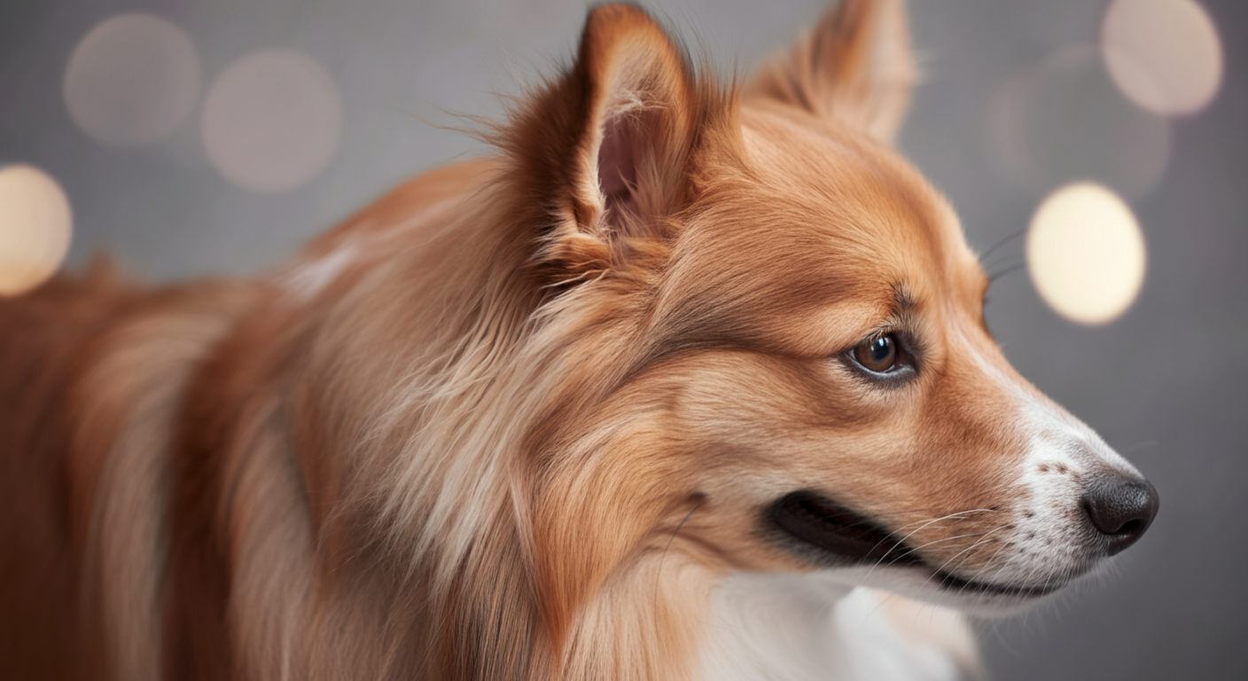 犬のふわふわで清潔な毛並みのクローズアップ。一房だけ櫛でとかしたように整っており、遊んだ後のお手入れを連想させる。