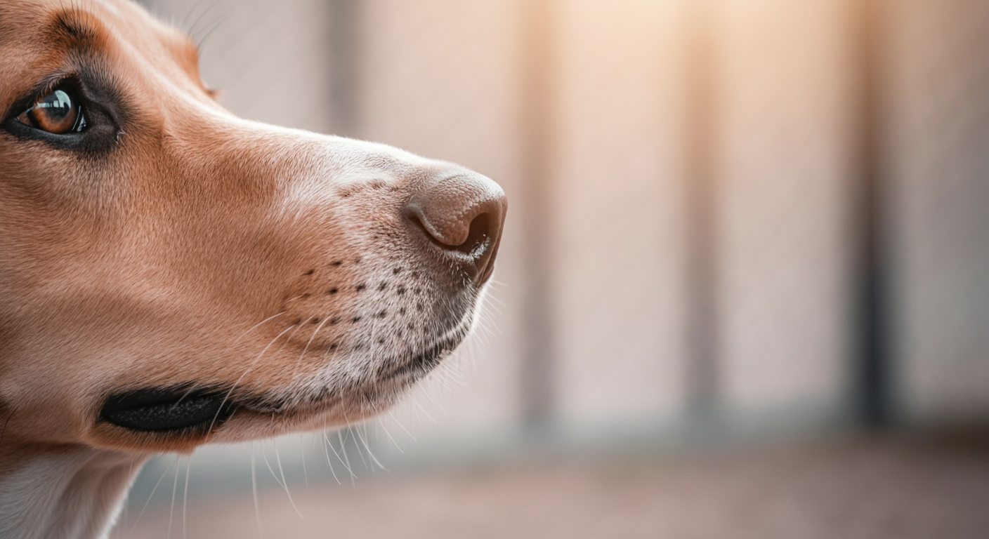 ドッグランのフェンスの外で、落ち着いて匂いを嗅いでいる一匹の犬の横顔のクローズアップ。