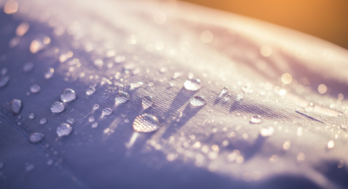 冷却機能を持つタオルの表面に水滴がきらめいているクローズアップ写真