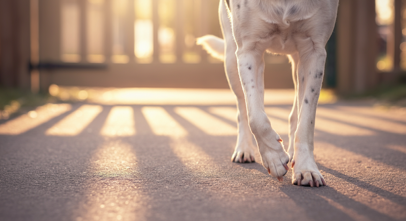 パステルカラーのミニマルな写真。ドッグランの入り口と思われる木のゲートの外を歩く犬の足元のクローズアップ。