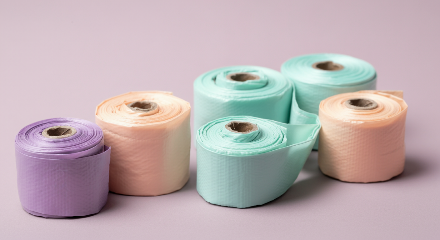 パステルカラーのうんち袋ロールが積み重ねられたマクロ写真。