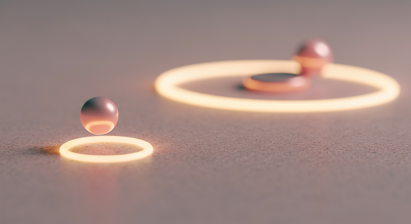地面に落ちた二つの光の輪が、心地よい距離を保っている様子を捉えた抽象的な写真。パーソナルスペースを表現している。