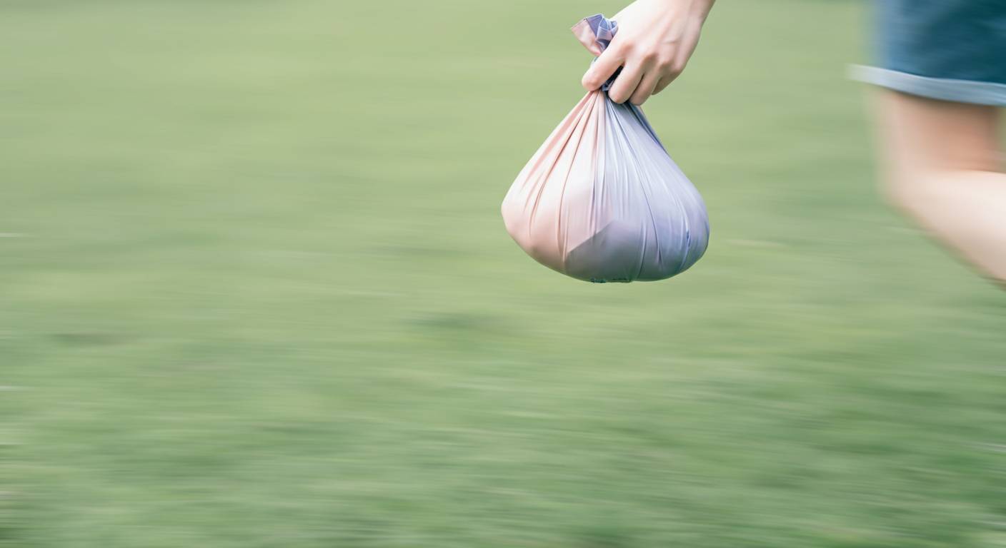 パステルカラーのうんち袋を持った手が、緑の芝生に向かって素早く動いている様子の抽象的な写真。