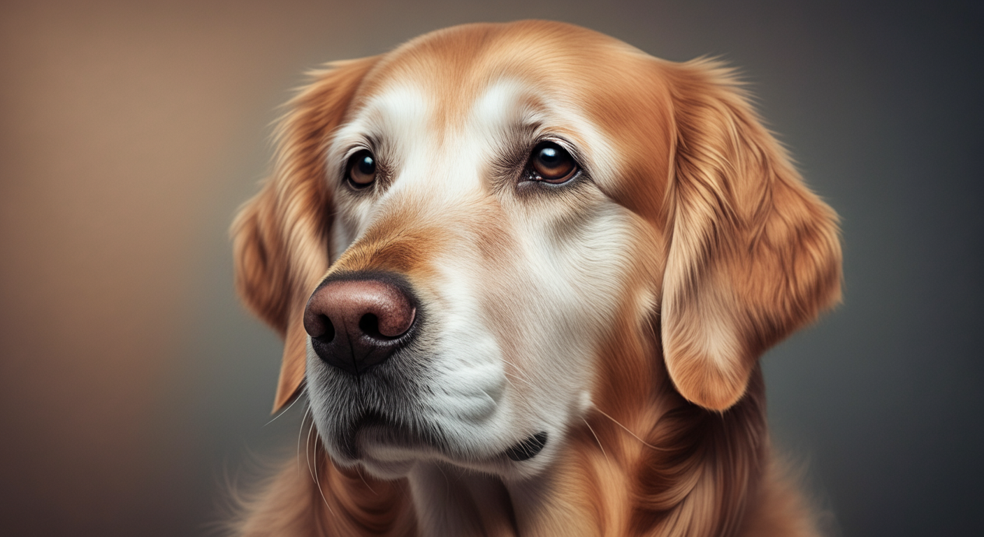 口周りが白くなったシニアのゴールデンレトリバーの、賢く穏やかな顔のクローズアップ。