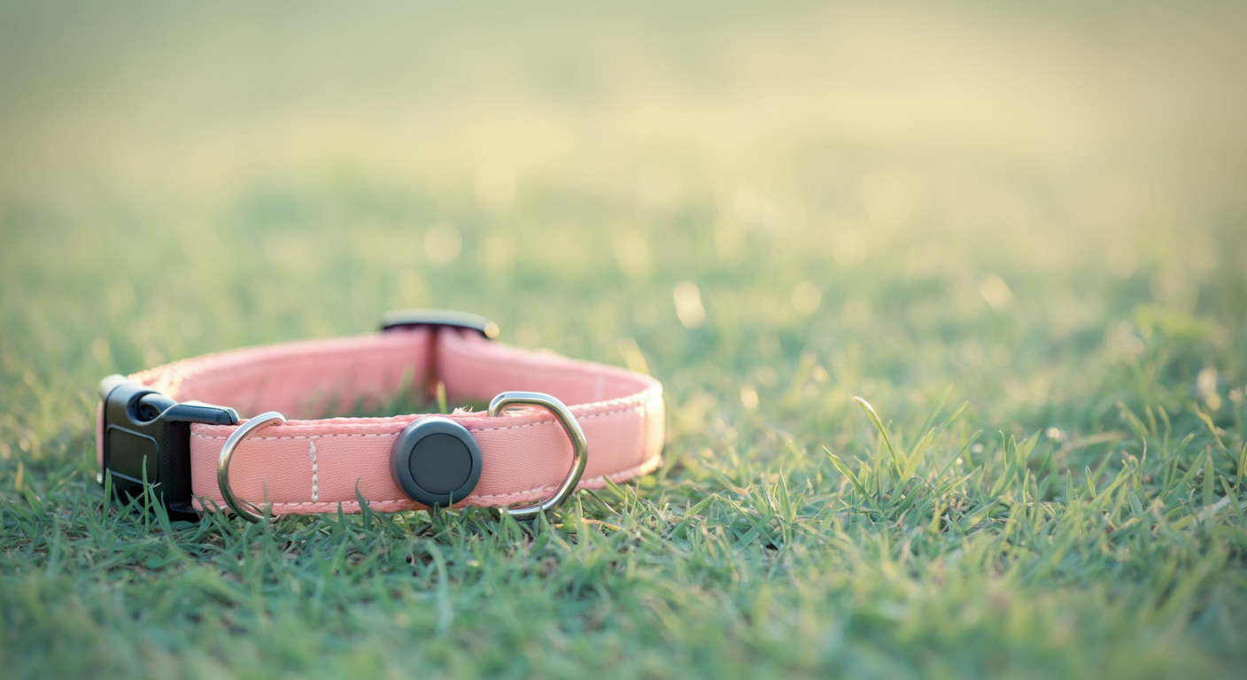 留め具が外れ、GPSトラッカーが失われた状態の犬の首輪が芝生の上に置かれている写真。