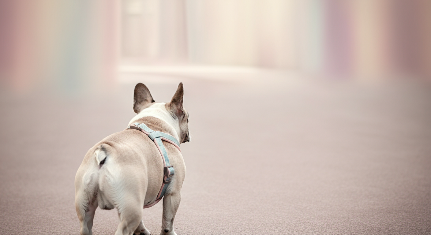おしゃれなハーネスをつけたフレンチブルドッグが、出口に向かって落ち着いて歩いている後ろ姿。