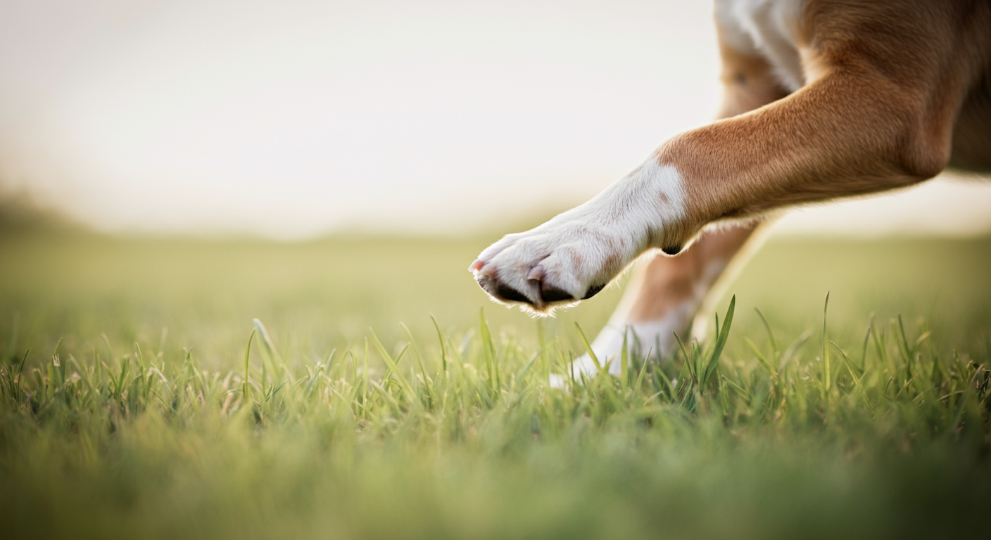 ドッグランの芝生の上を軽やかに走る犬の足元のクローズアップ写真。