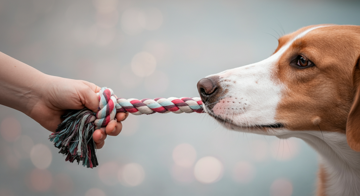 人の手と犬の口が、パステルカラーのロープの両端を優しく持っているクローズアップ