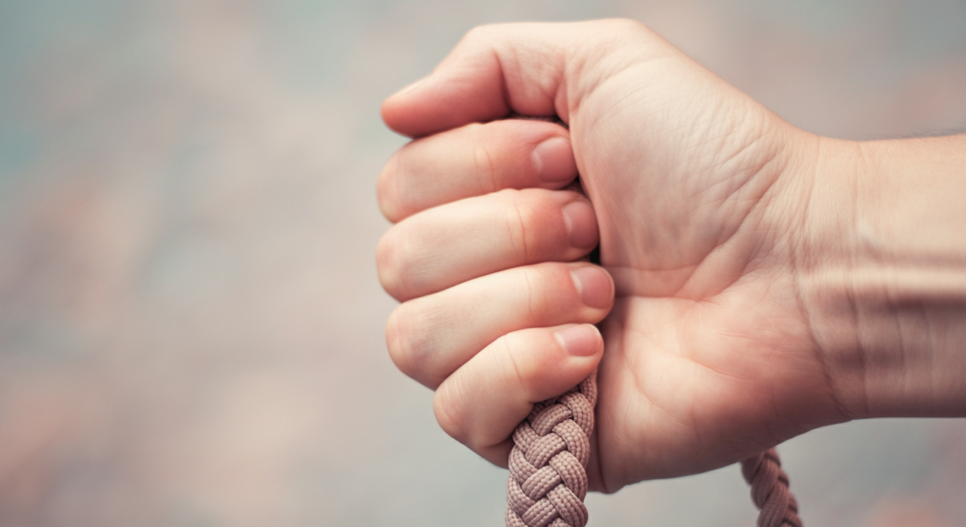 編み込まれた柔らかいリードを、飼い主がしっかりと握っている手元のマクロ撮影。