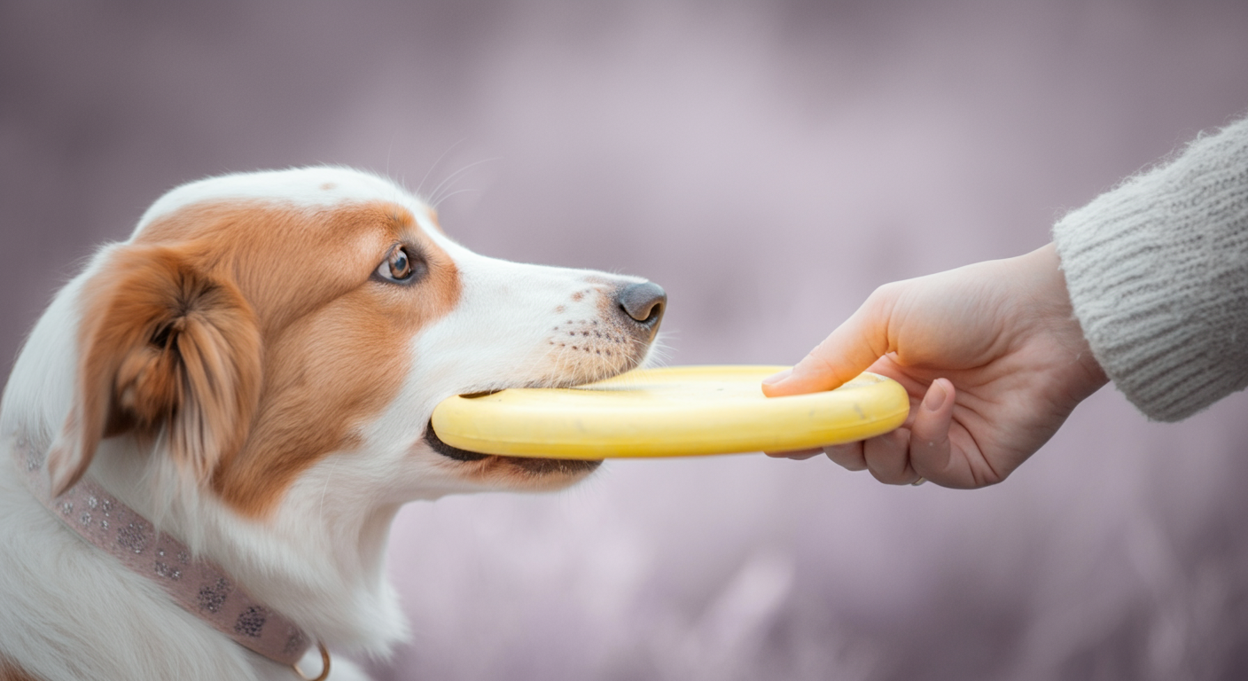 犬の口からパステルイエローのフリスビーを優しく受け取る人の手元のクローズアップ。