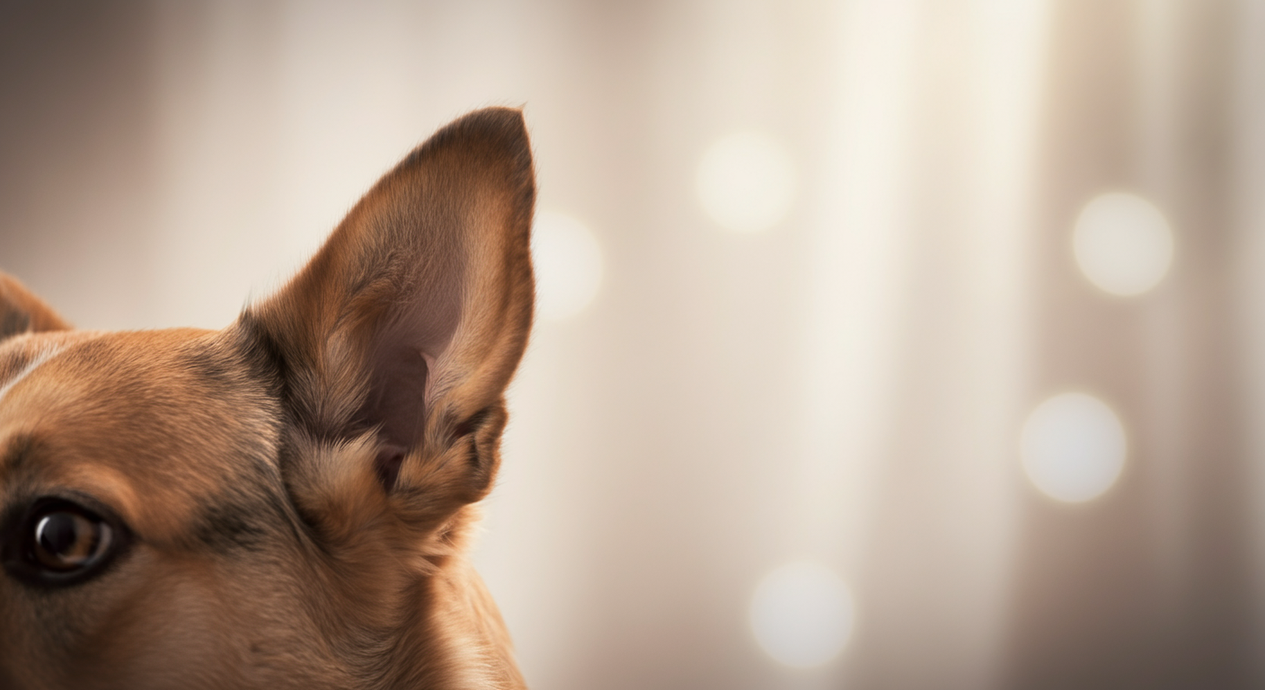 光が差す方向に向かって、注意深く耳を傾けている犬の耳のクローズアップ。