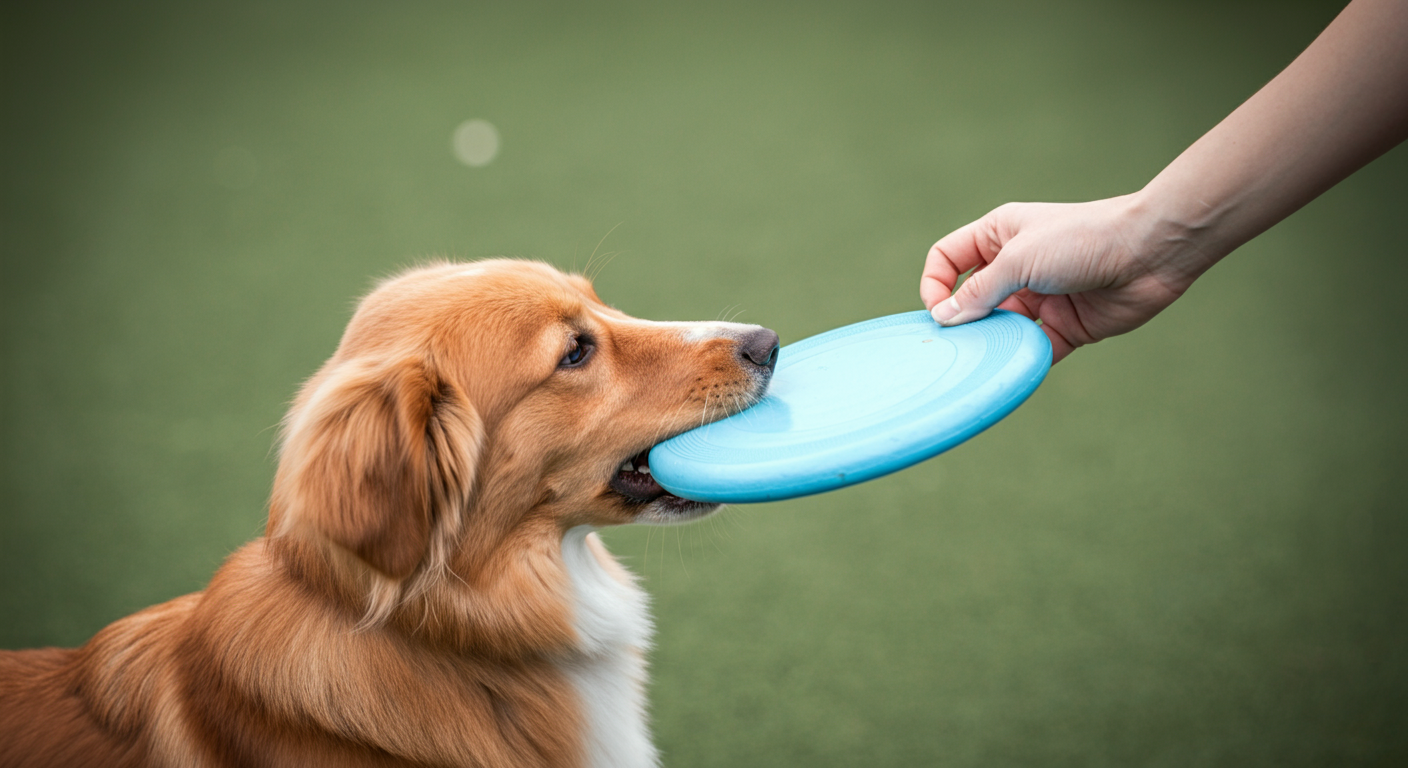 犬が口に咥えた水色のフリスビーを、飼い主が両手で優しく受け取っている様子の俯瞰写真。