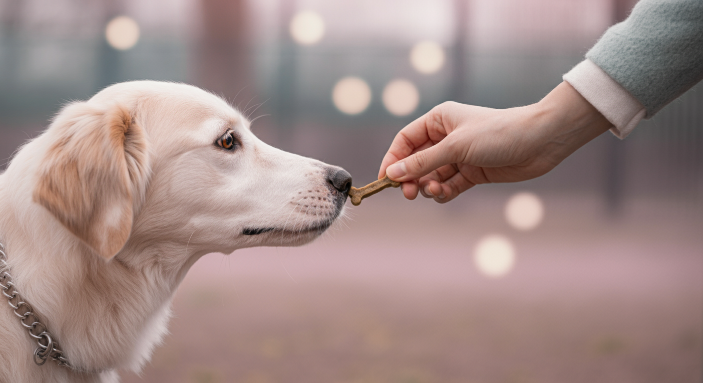 パステルカラーの背景が美しい写真。ドッグランの隅で、飼い主が犬にご褒美のおやつを与えようとしている。ポジティブなトレーニングを表現している。