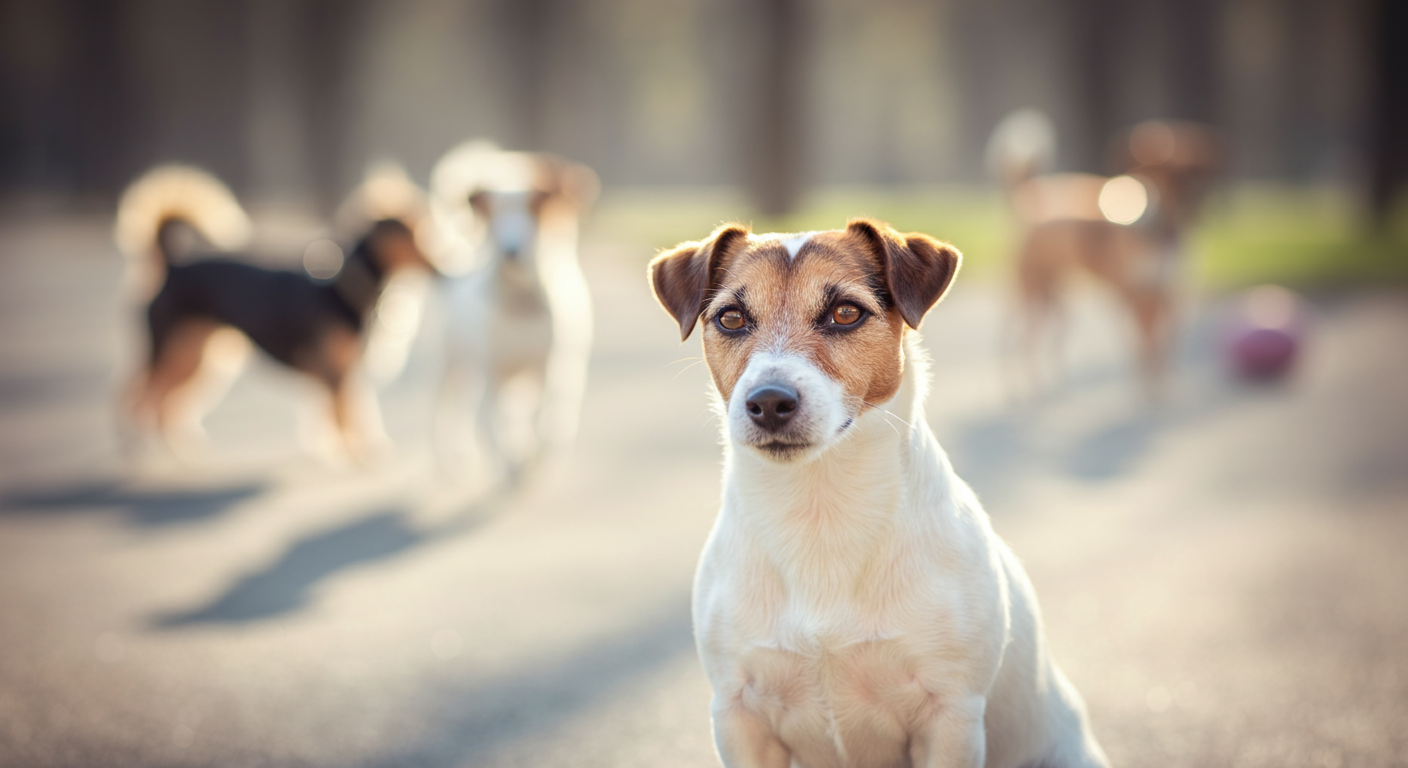 公園で他の犬が遊んでいるのを背景に、一匹のジャックラッセルテリアが自信を持ってカメラを見ている。