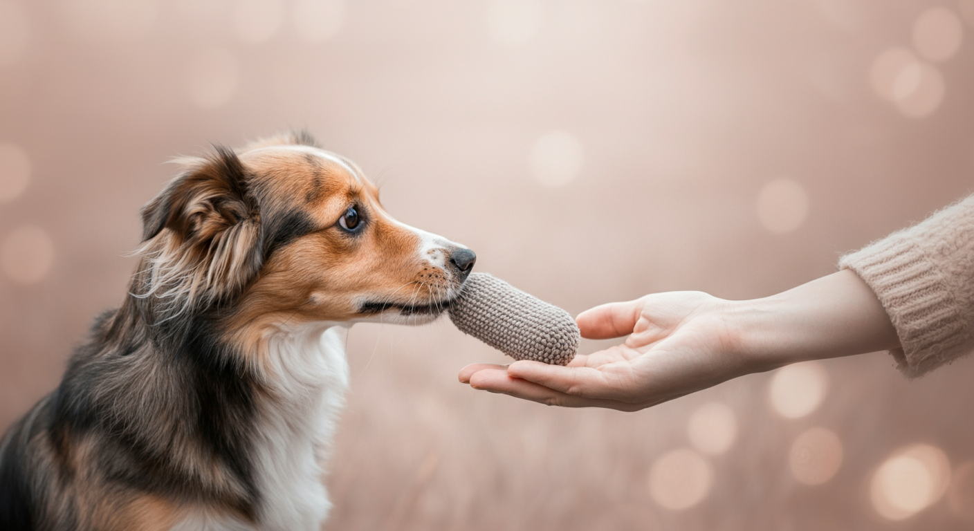 飼い主の手にロープのおもちゃをそっと渡そうとしている犬
