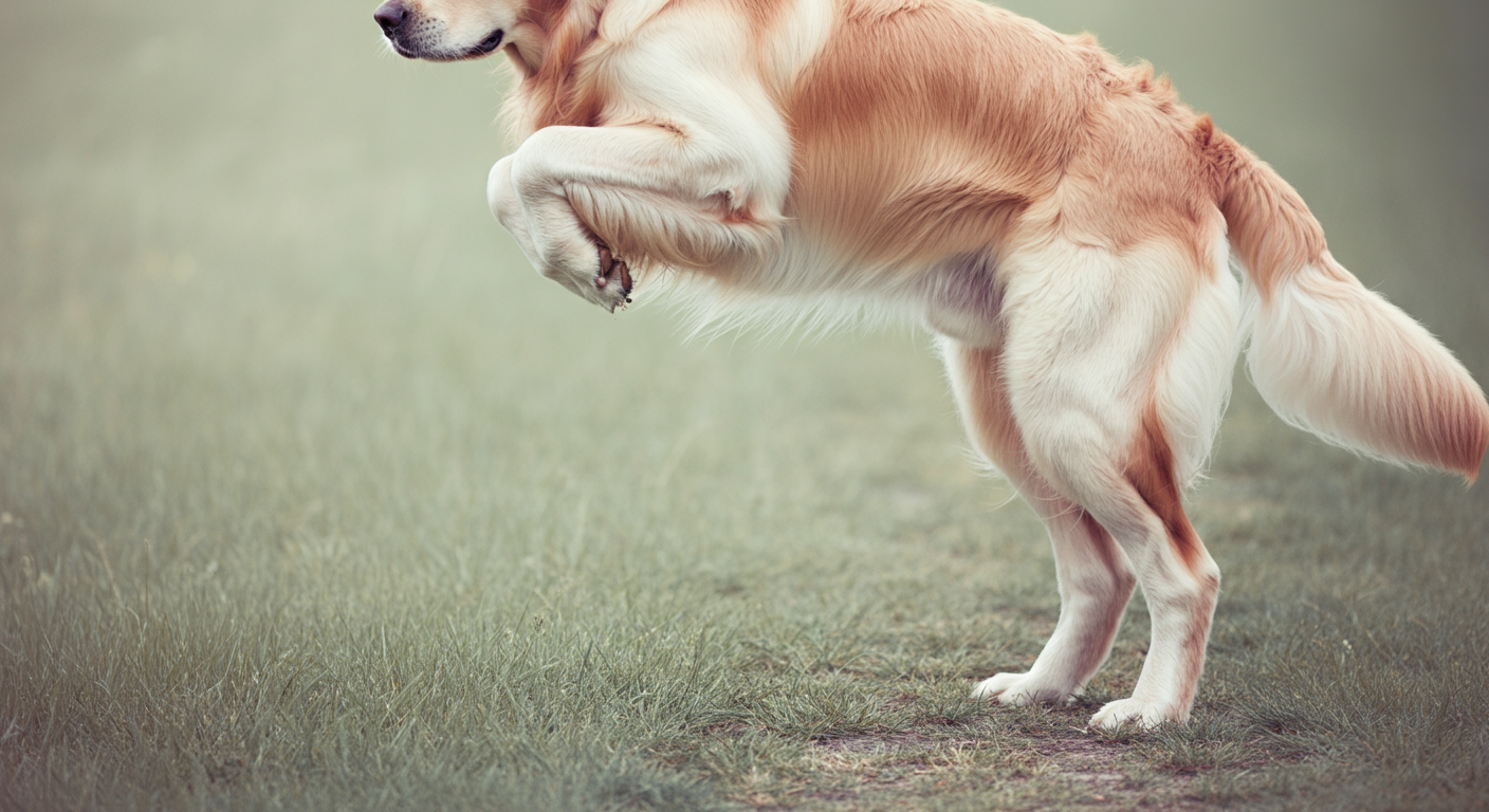 ドッグランの芝生の端で、走り出す準備をしているゴールデンレトリバーの力強い後ろ足のクローズアップ。