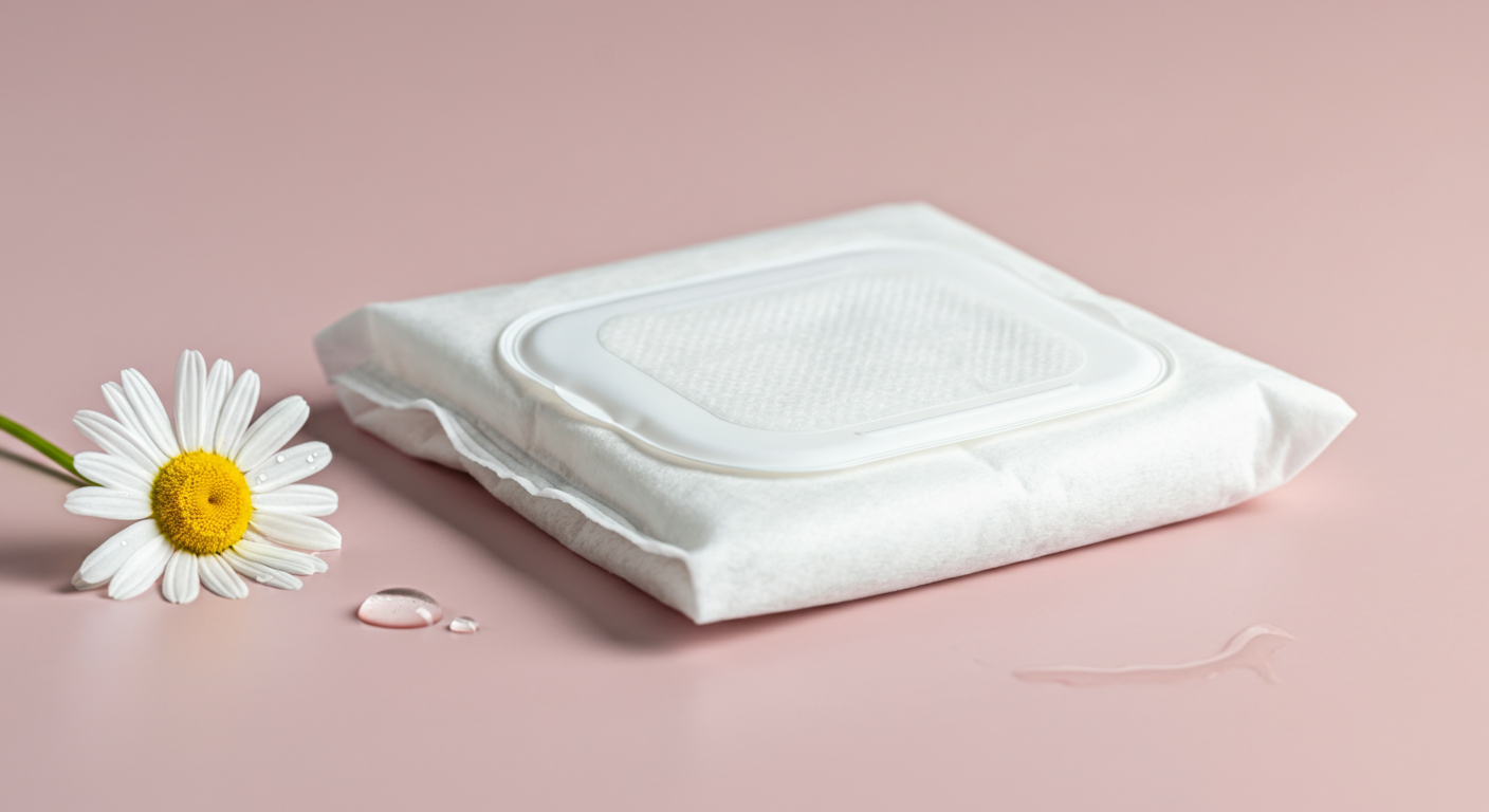 パステルカラーの背景に置かれたウェットティッシュとカモミールの花。優しさと安全性を象徴している。