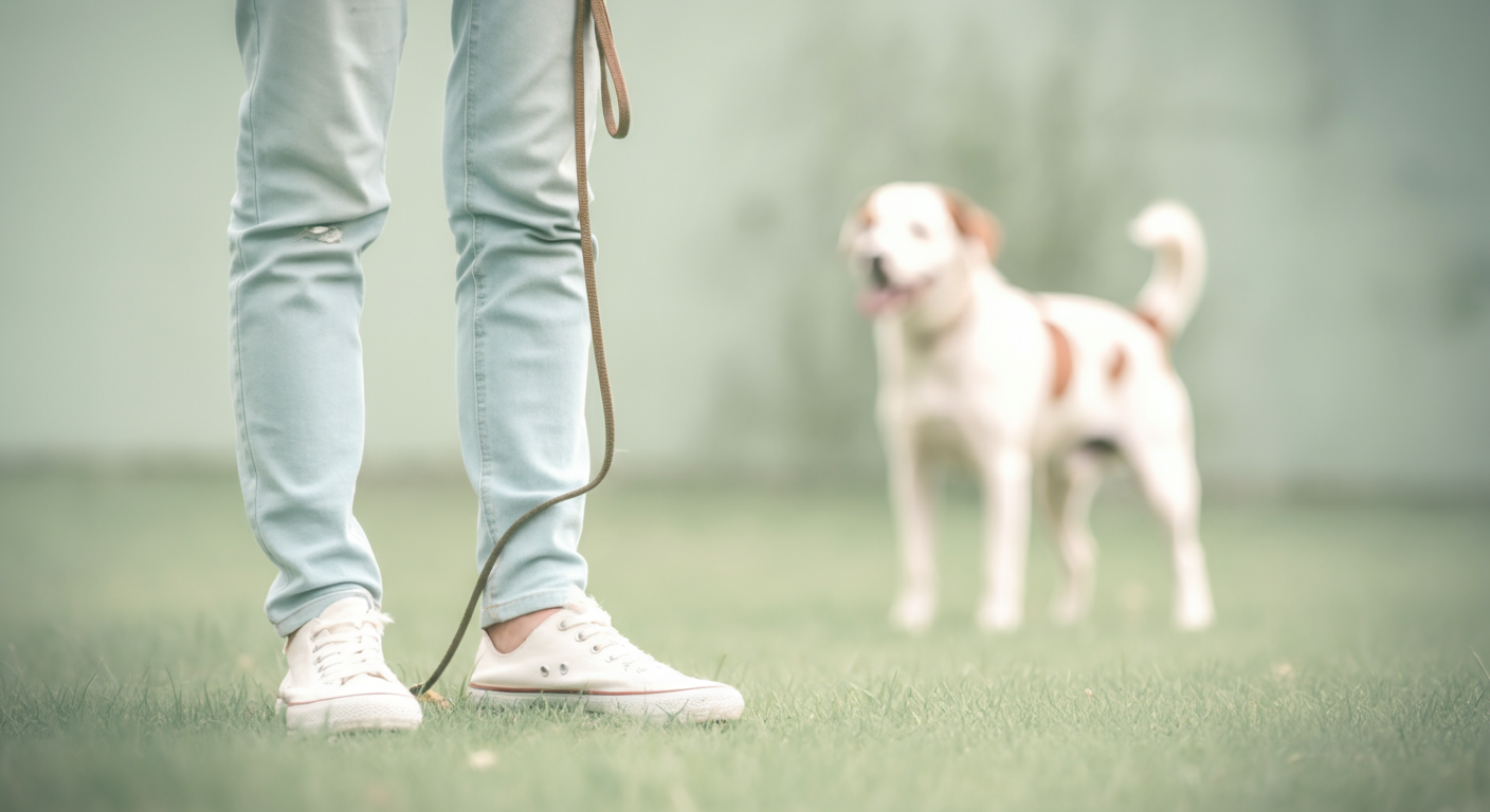 ドッグランで遊ぶ一匹の犬を、リラックスしつつも注意深く見守っている飼い主の姿
