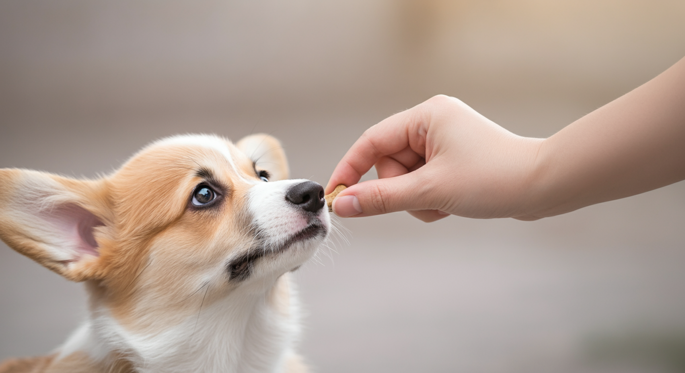 人の手が子犬の鼻先に優しくおやつを差し出している様子。信頼関係を象徴するクローズアップ写真。