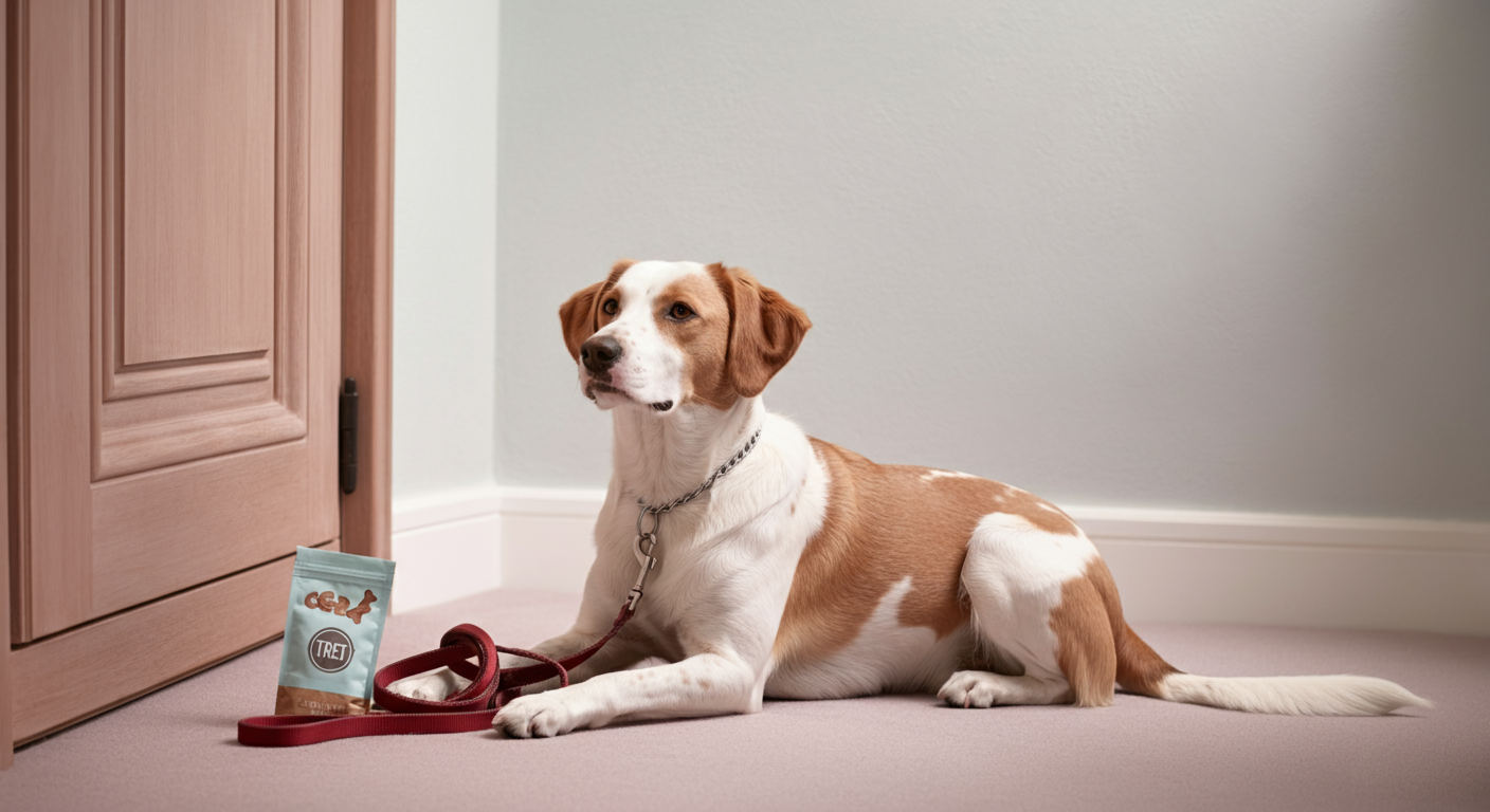 玄関で、リードとおやつが入ったポーチの横に、落ち着いてお座りして待っている犬の姿。