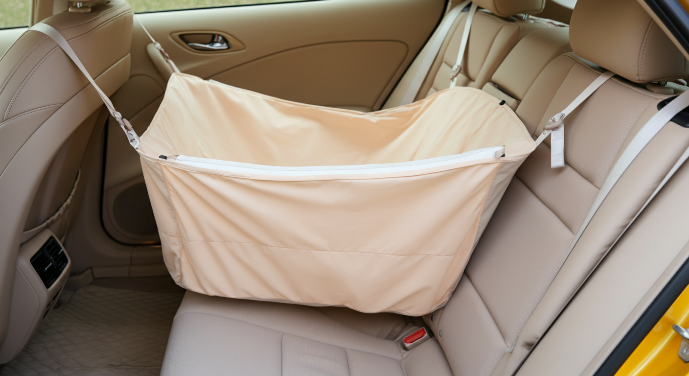 ベージュ色のハンモック型シートカバーが車の後部座席に設置され、安全で心地よい空間を作っているのを上から見た抽象的な写真。