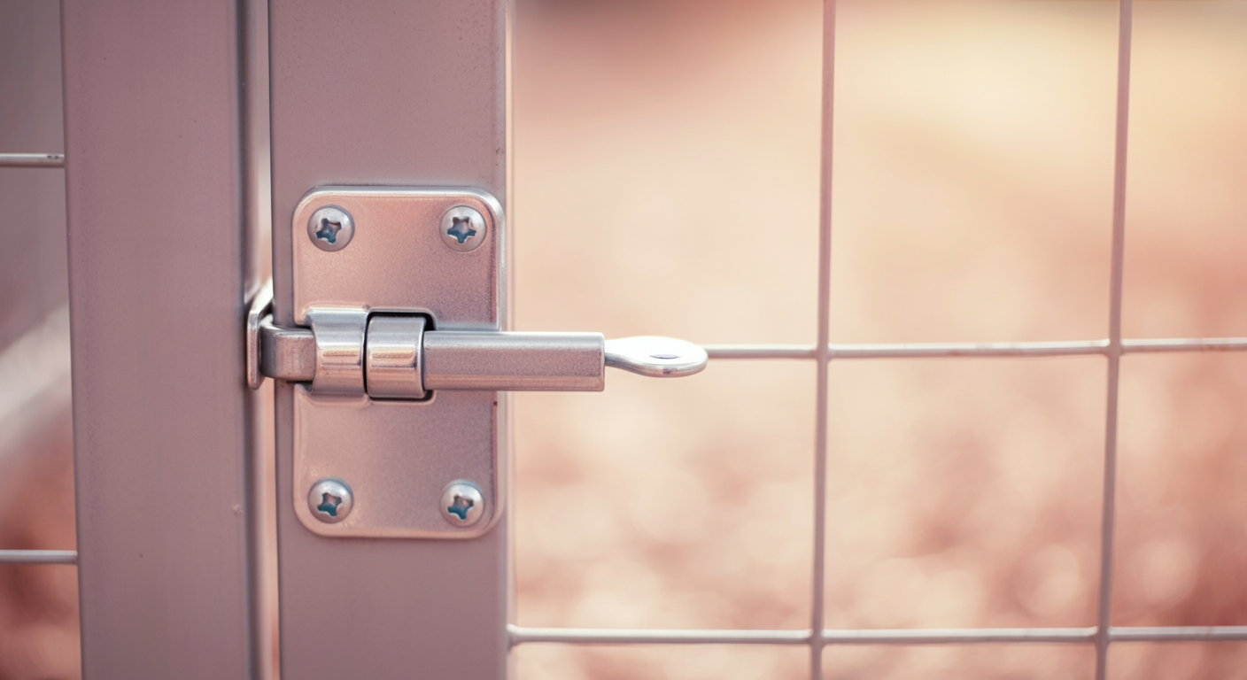 ドッグランの出口のドアノブの抽象的なマクロ写真。少しだけ開いたドアが、良いタイミングでの退場を暗示している。