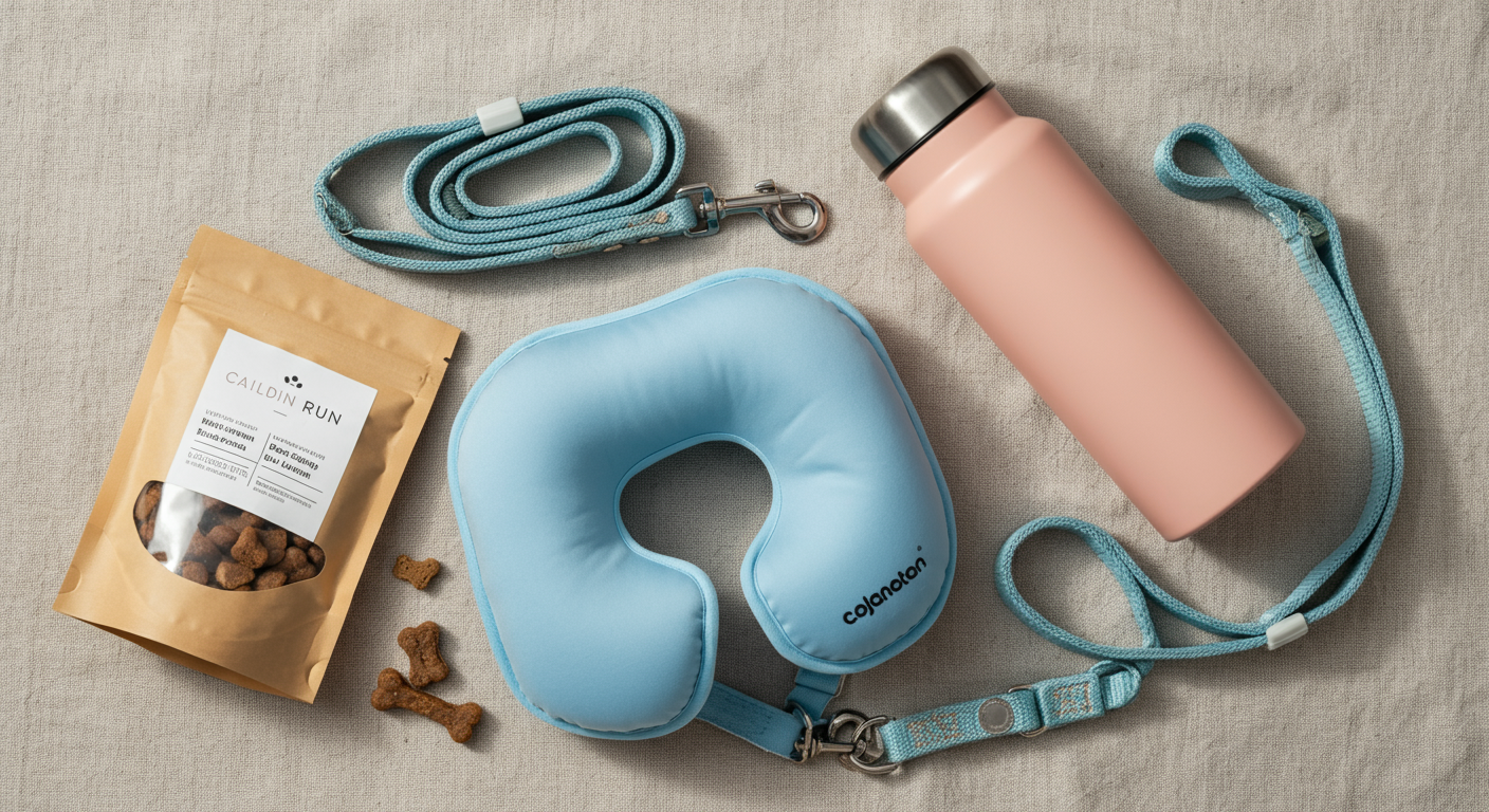 パステルカラーの背景に整然と並べられたドッグランの持ち物。クールネック、水筒、おやつ、リード。