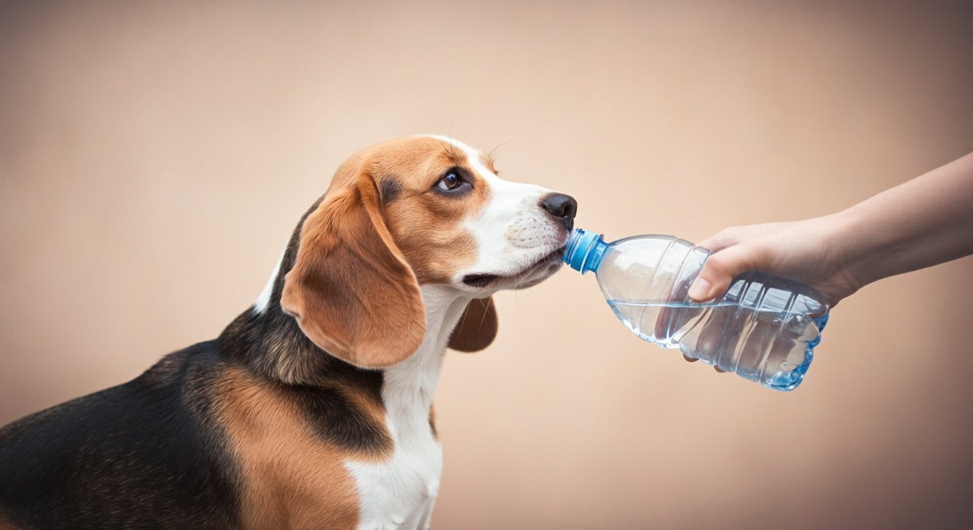 飼い主が差し出した給水ボトルから、ビーグル犬が顔をそむけている様子のソフトフォーカス写真。