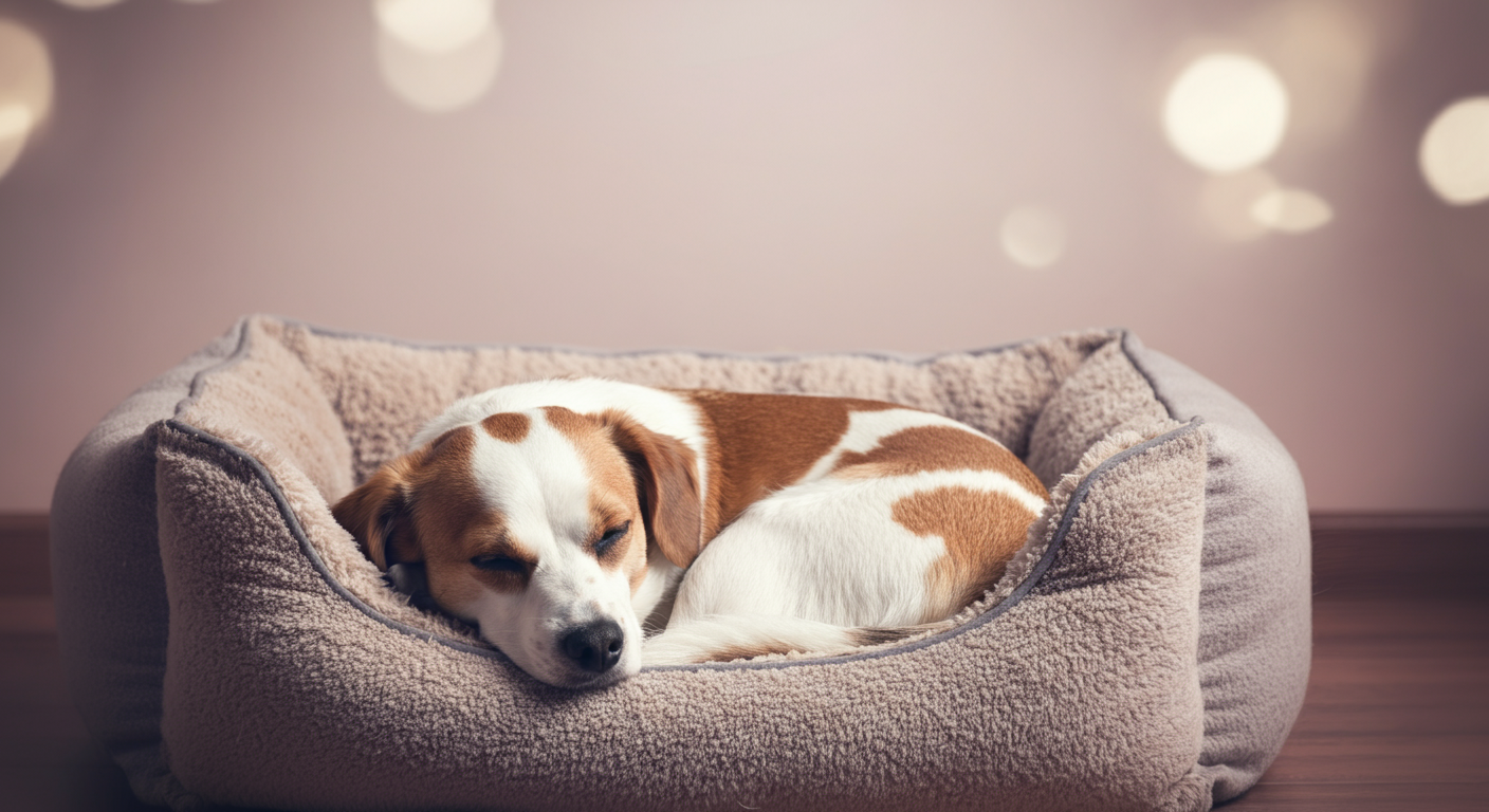 居心地の良さそうなベッドの中で、一匹の犬が安心して丸くなって眠っている写真。