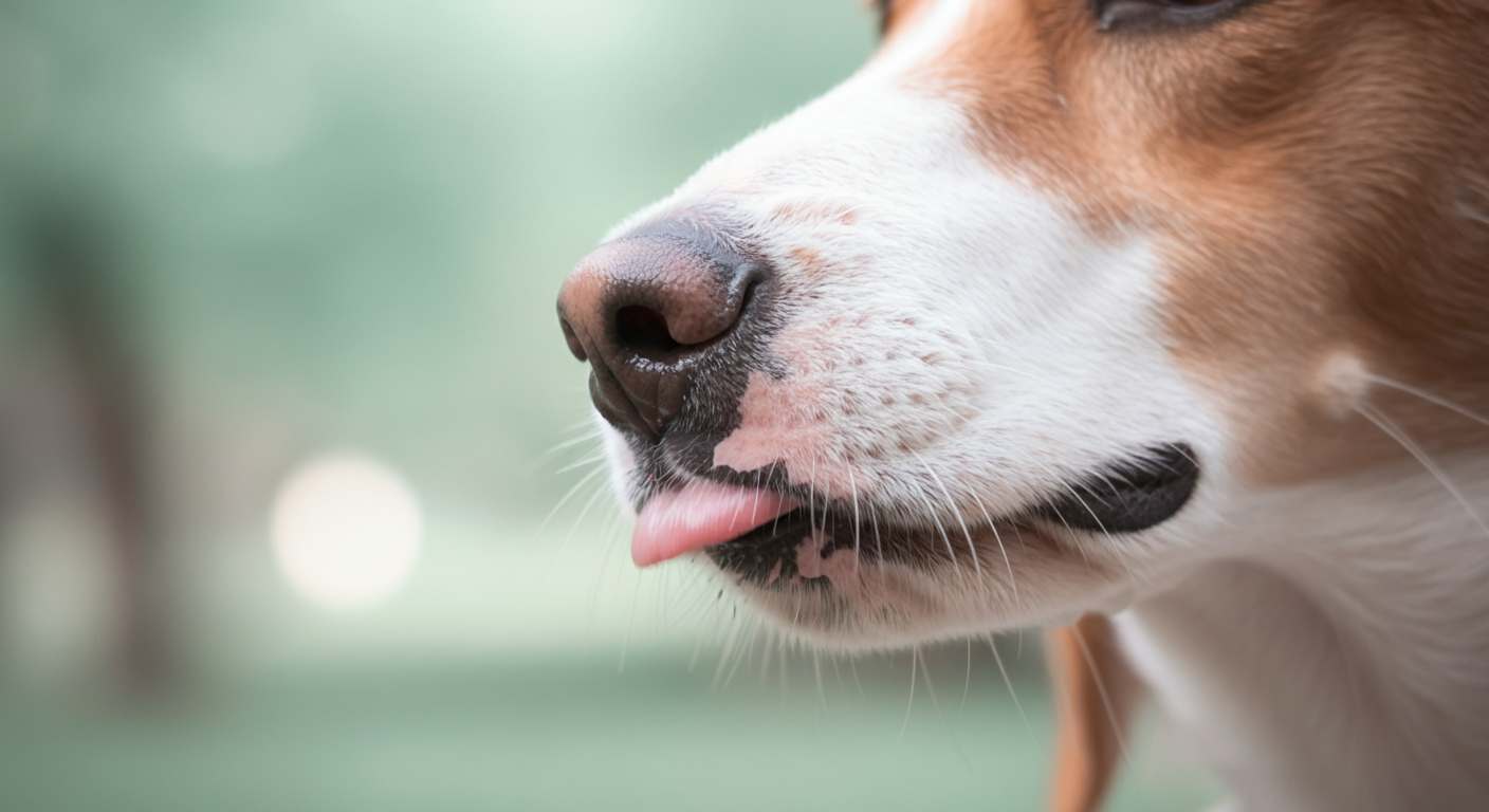 喉が渇いて舌を少し出している犬の鼻先のクローズアップ写真