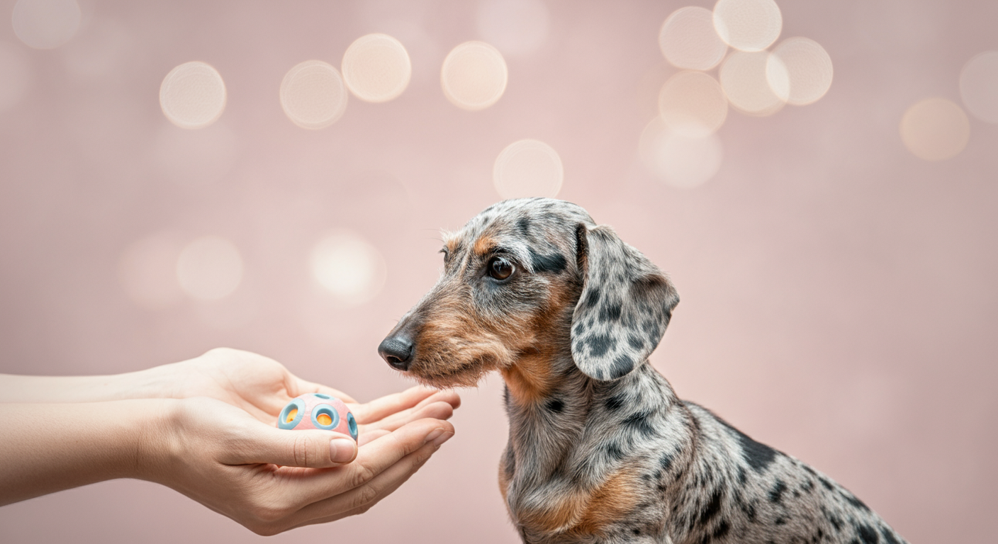 ダックスフンドが飼い主の差し出した両手に優しくボールを乗せている写真。