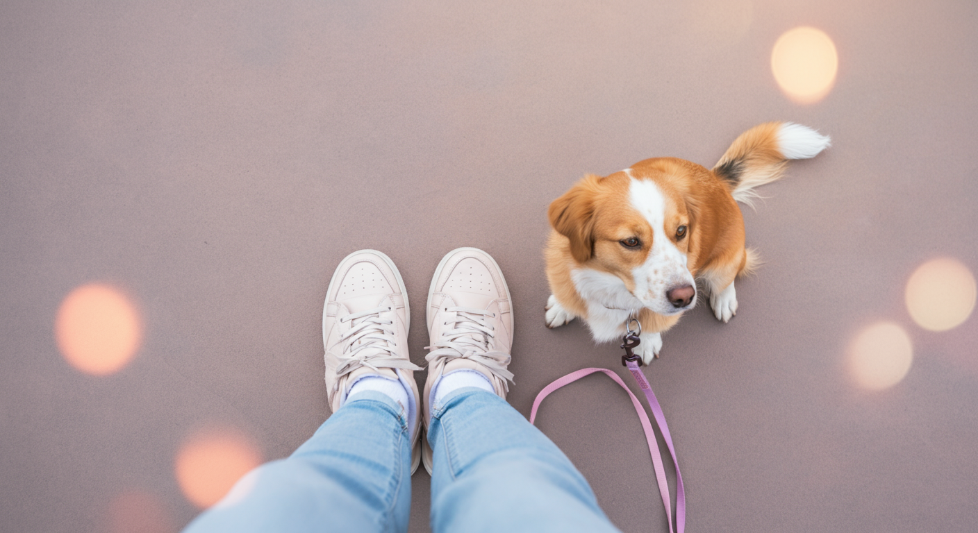 飼い主の足元で、一匹の犬がリードをつけられたまま静かにお座りしている様子。
