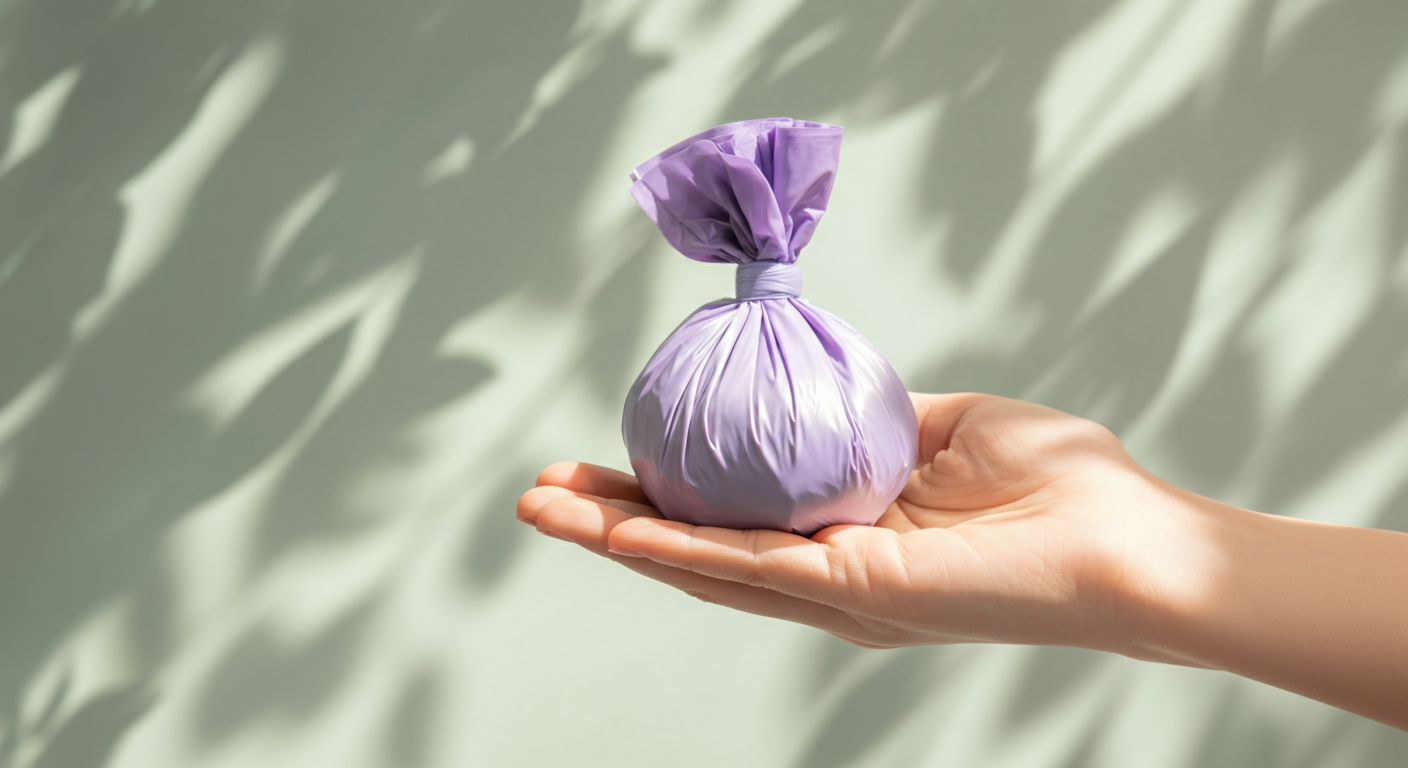 ラベンダー色のうんち袋をきれいに結んで持っている手。木漏れ日が優しく当たっている。