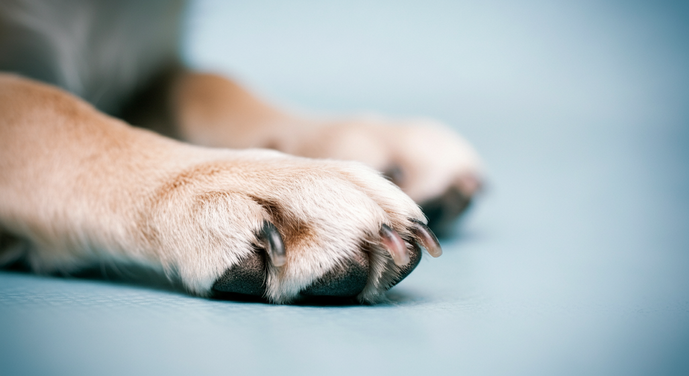 パステルカラーの背景に、冷たい床に置かれた犬の足先のクローズアップ。寒さを感じさせる繊細な光が当たっている。