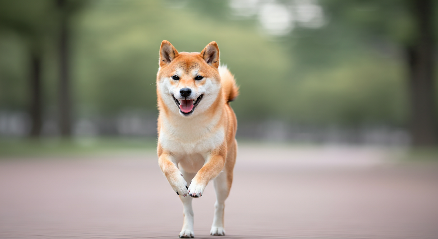 楽しそうに飼い主の方へ走ってくる柴犬。背景は美しくぼけている。