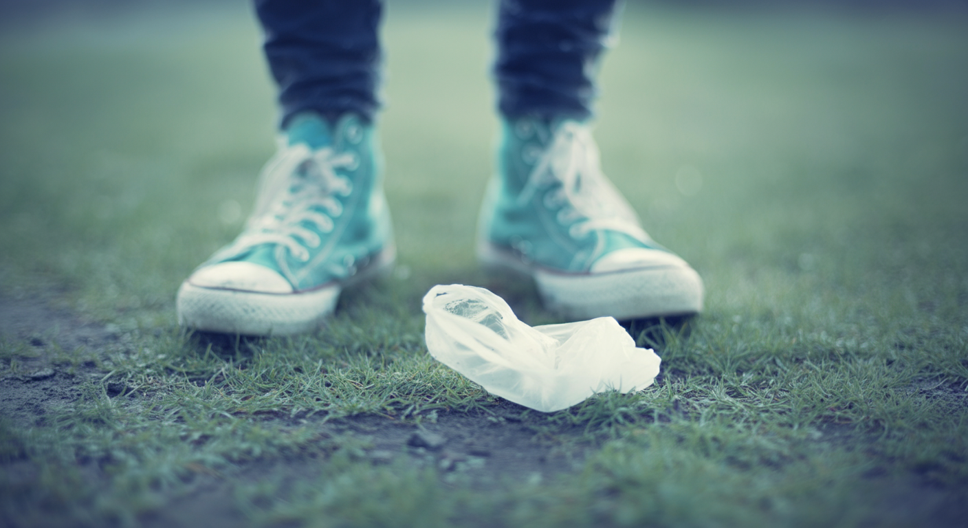 ドッグランの芝生の上に落ちている、破れてしまったビニール袋と、その横で固まってしまった飼い主の足元。気まずい雰囲気を表現している。