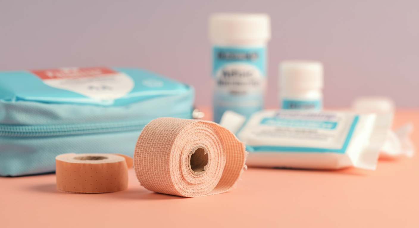 ペット用の救急箱の中身。包帯や消毒用ワイプに焦点が合っている。