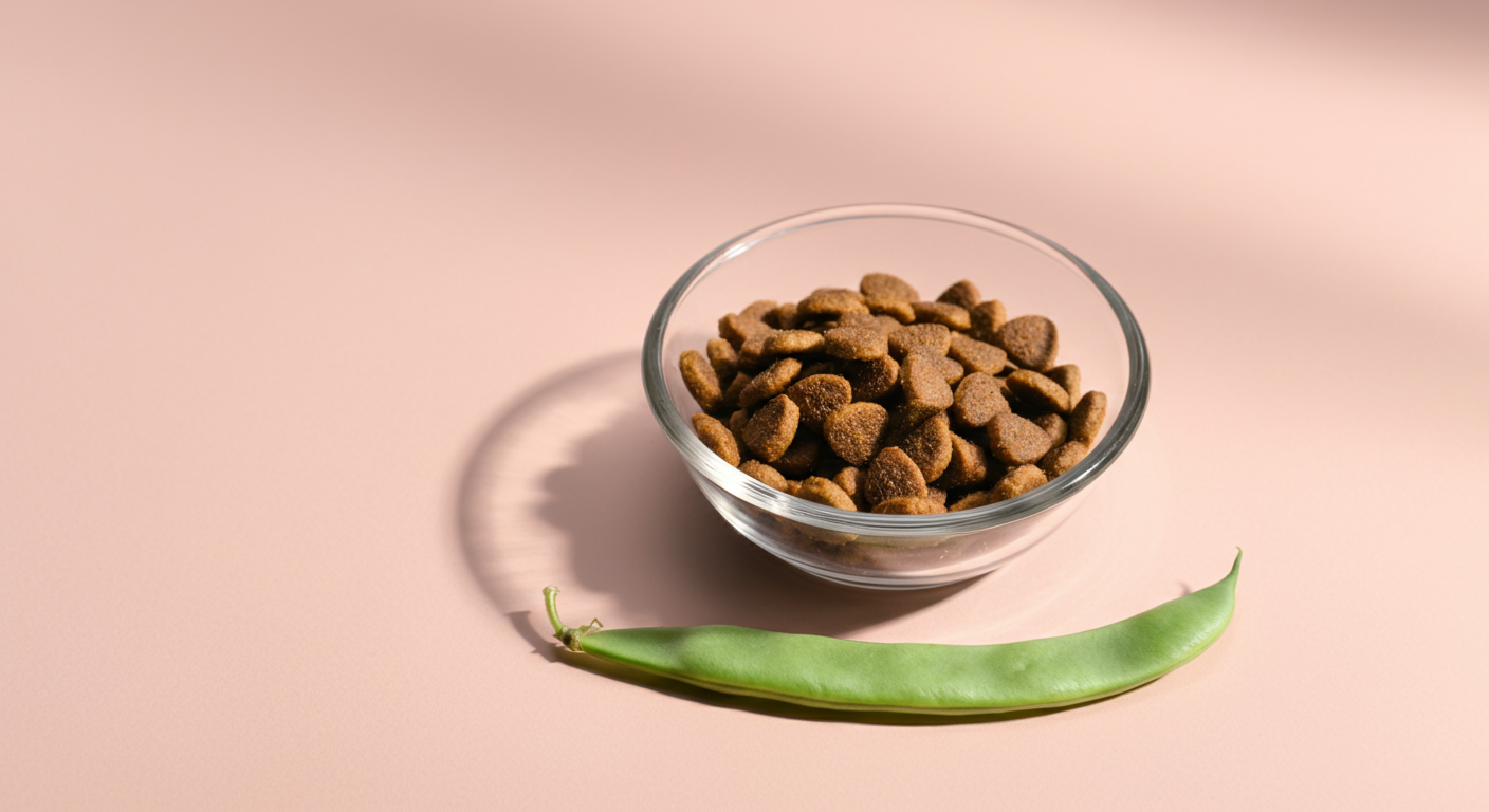 ガラスの器に入った低脂肪・高タンパク質のドッグフードと、その横に置かれた一本のインゲン。ヘルシーな食事をイメージした写真。