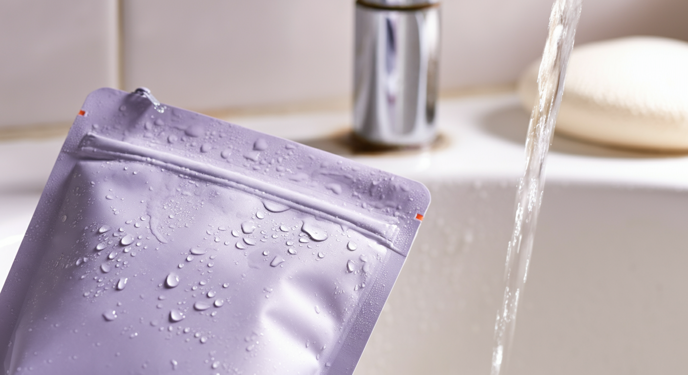 白いタイルの上で水道水に洗われている、防水素材のマナーポーチ。水滴が素材の上を滑る様子がクローズアップされている。